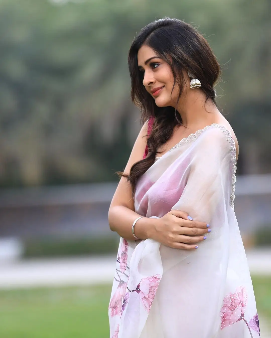 Payal Rajput In South Indian Traditional Pink Saree Red Blouse